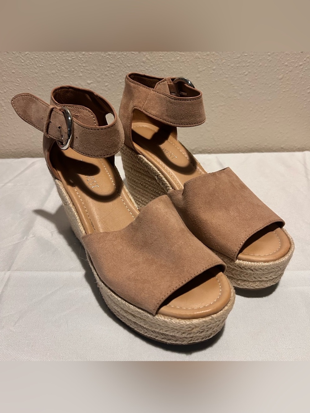 Nine West Taupe Suede Platform Wedge Sandals